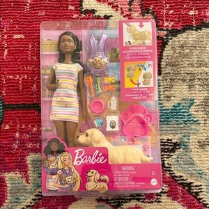 Barbie Black Doll with Multicolor Striped Dress and Cream Puppy